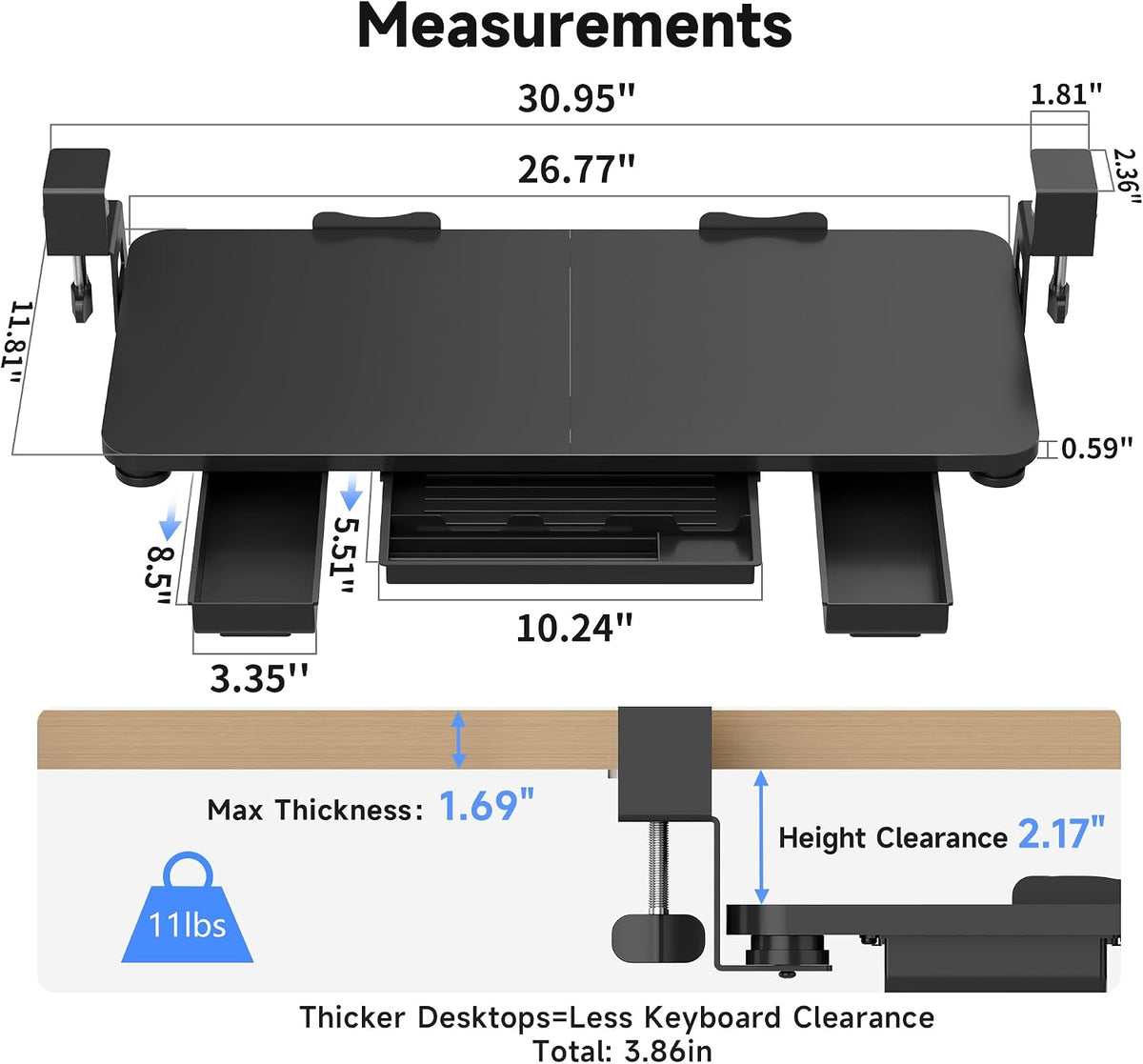 XINLEI Keyboard Tray Under Desk with Storage Drawer Large C-Clamp 26.7”(31” I...