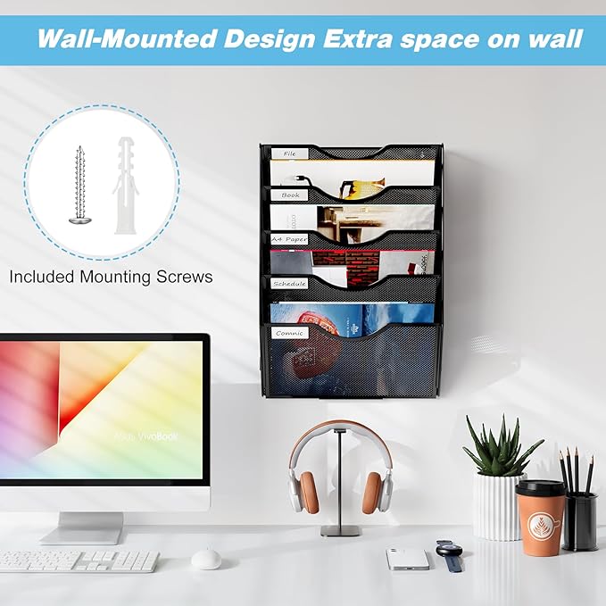Solinxe Wall Hanging File Holder 5 Pocket Wall Mounted Paper Organizer Magazine - Image 5