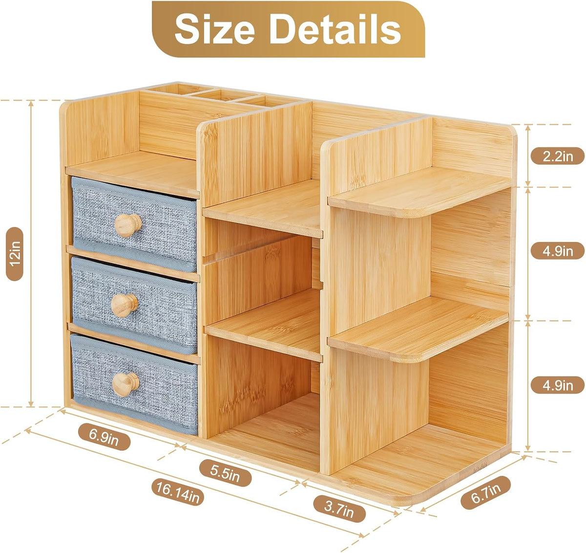 Large Makeup Organizer For Vanity, Large Capacity 3 Tiers Bamboo Bathroom Cou...