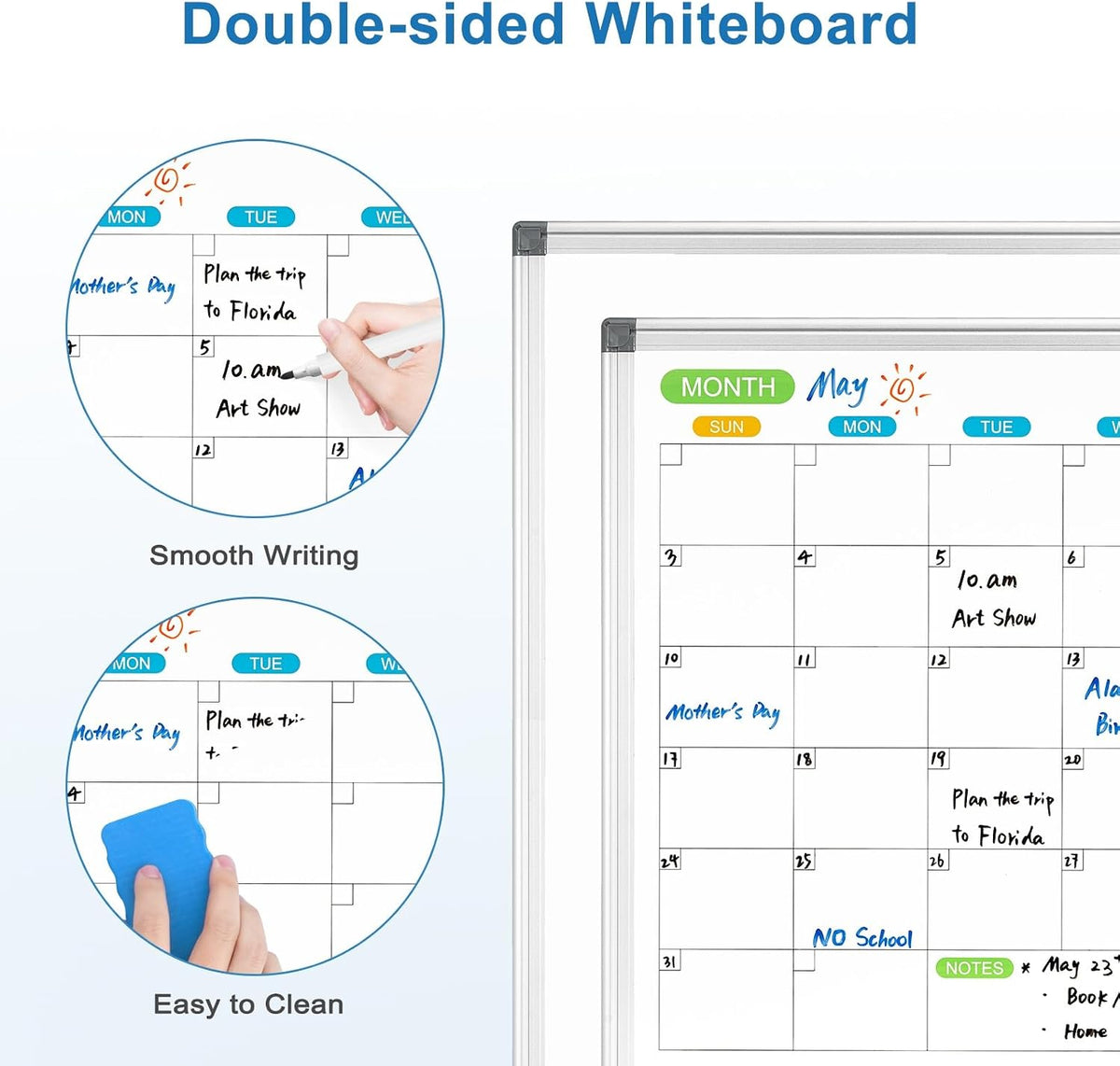 Monthly Calendar Whiteboard 36x24 Dry Erase Magnetic Double-Sided Wall