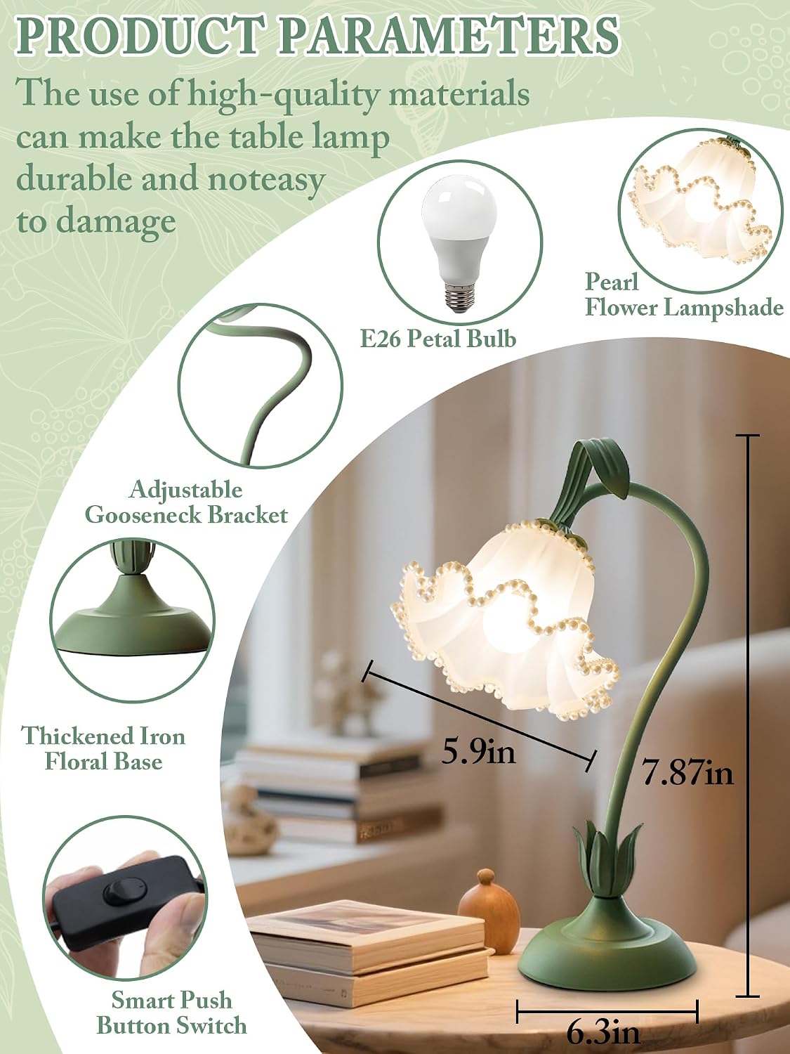 Flower Table Lamp, LED Reading Light Vintage Night light (Green Pearls)