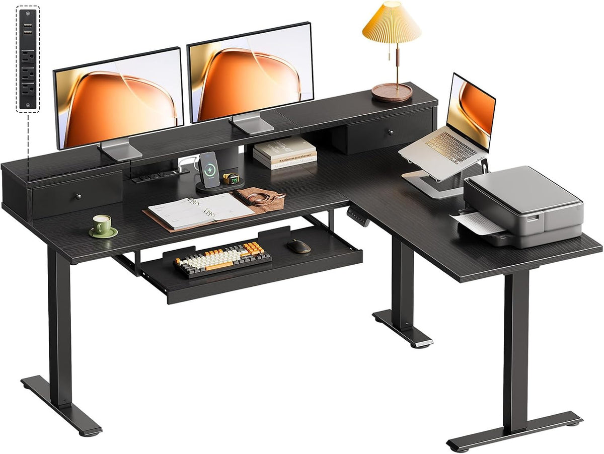 OffiGo 59 Inch L Shaped Electric Standing Desk with Drawers, Black