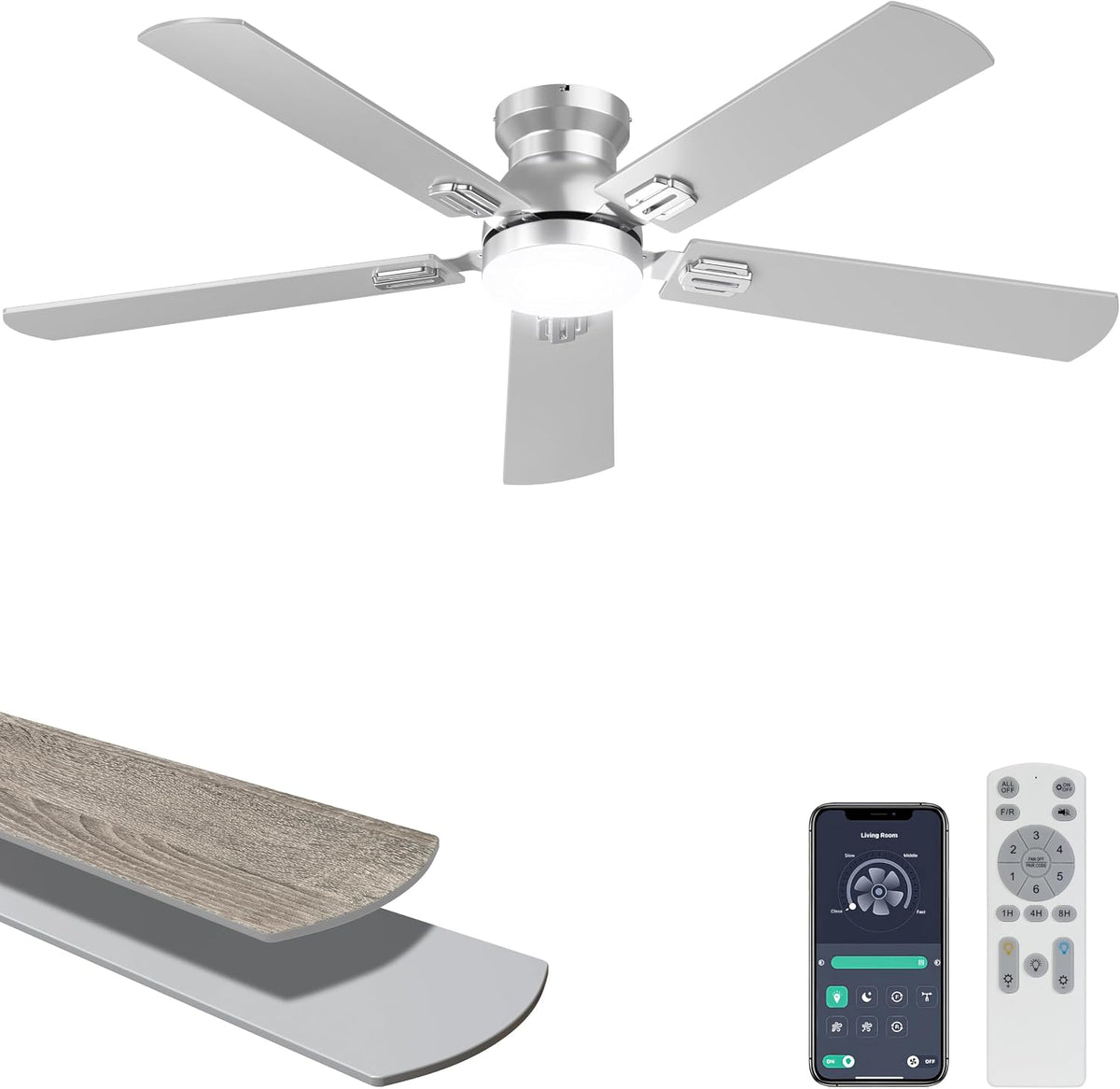 ohniyou 52'' silver low profile ceiling fan with, main product view