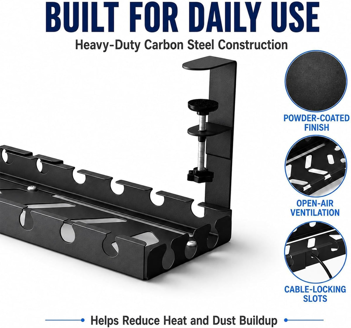 Under Desk Cable Management Tray, No Drill Clamp Mount, 17-30 Inch