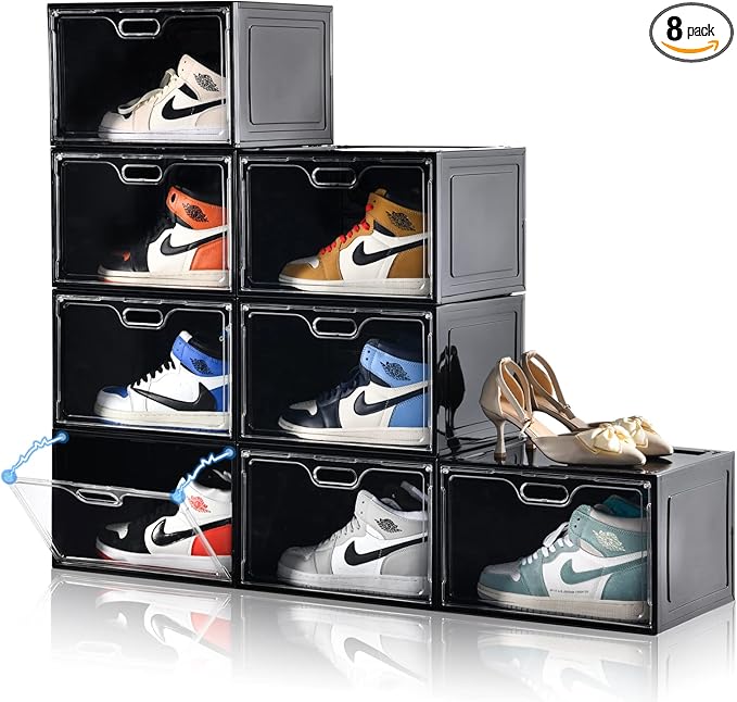 Amllas 8 Pack Shoe Boxes Black Plastic Stackable, Large Shoe Storage Organizer by Amllas