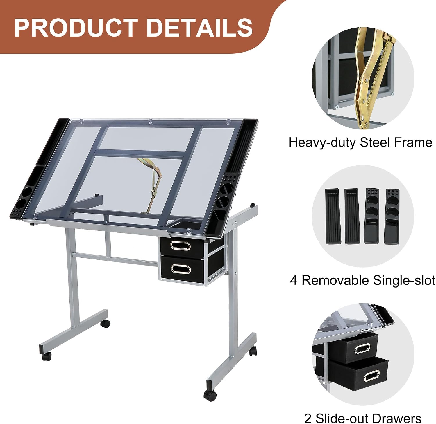 JupiterForce Adjustable Drafting Table Art Desk Drawing Table Versatile Art Craft Work Station Glass Tabletop w/2 Slide Drawers and Wheels for Reading, Writing, Painting Home Office