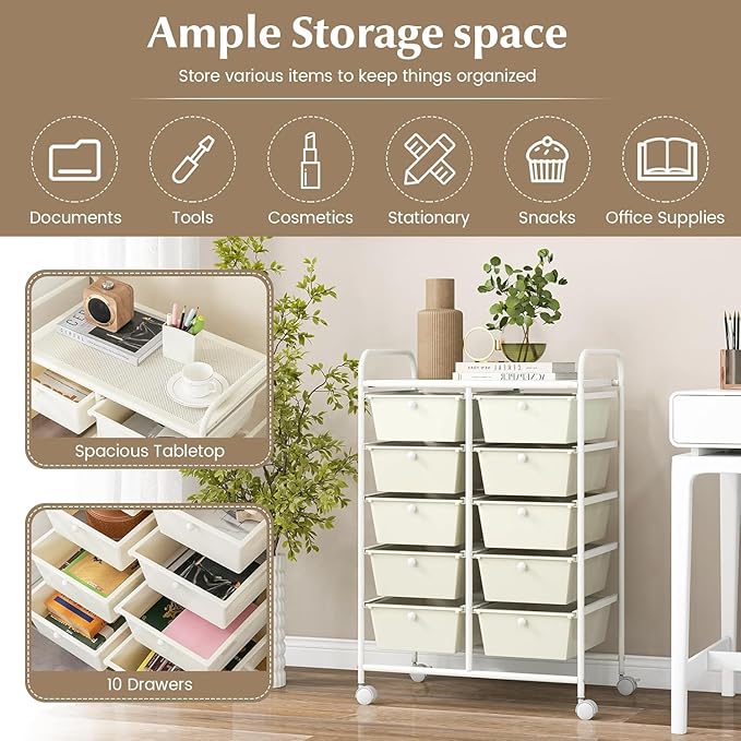 LDAILY 10 Drawer Rolling Cart, Storage Cart Organizer on Wheels, Drawer Cart - Image 5