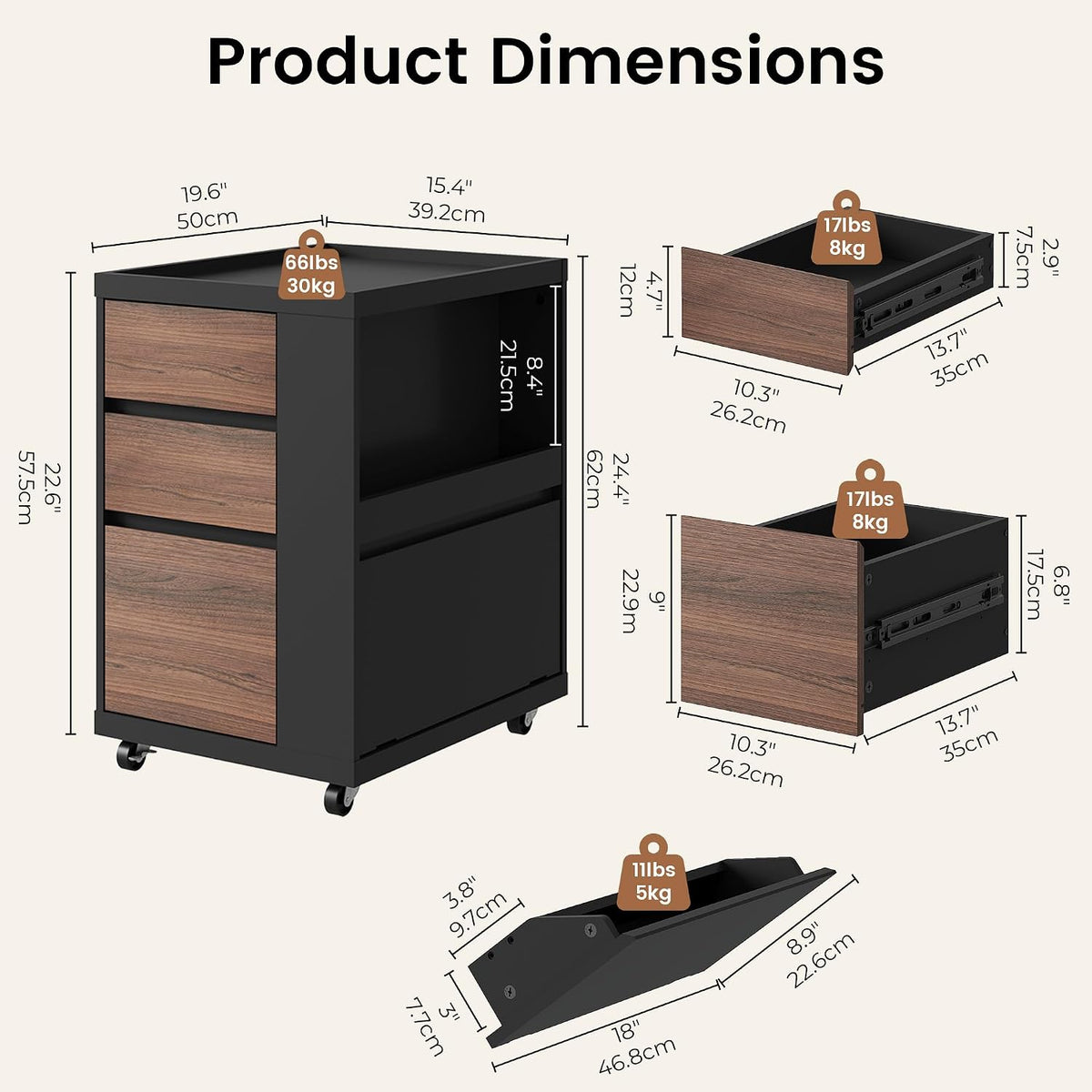 Mobile File Cabinet Under Desk with 3 Drawer, Office Storage Cabinet