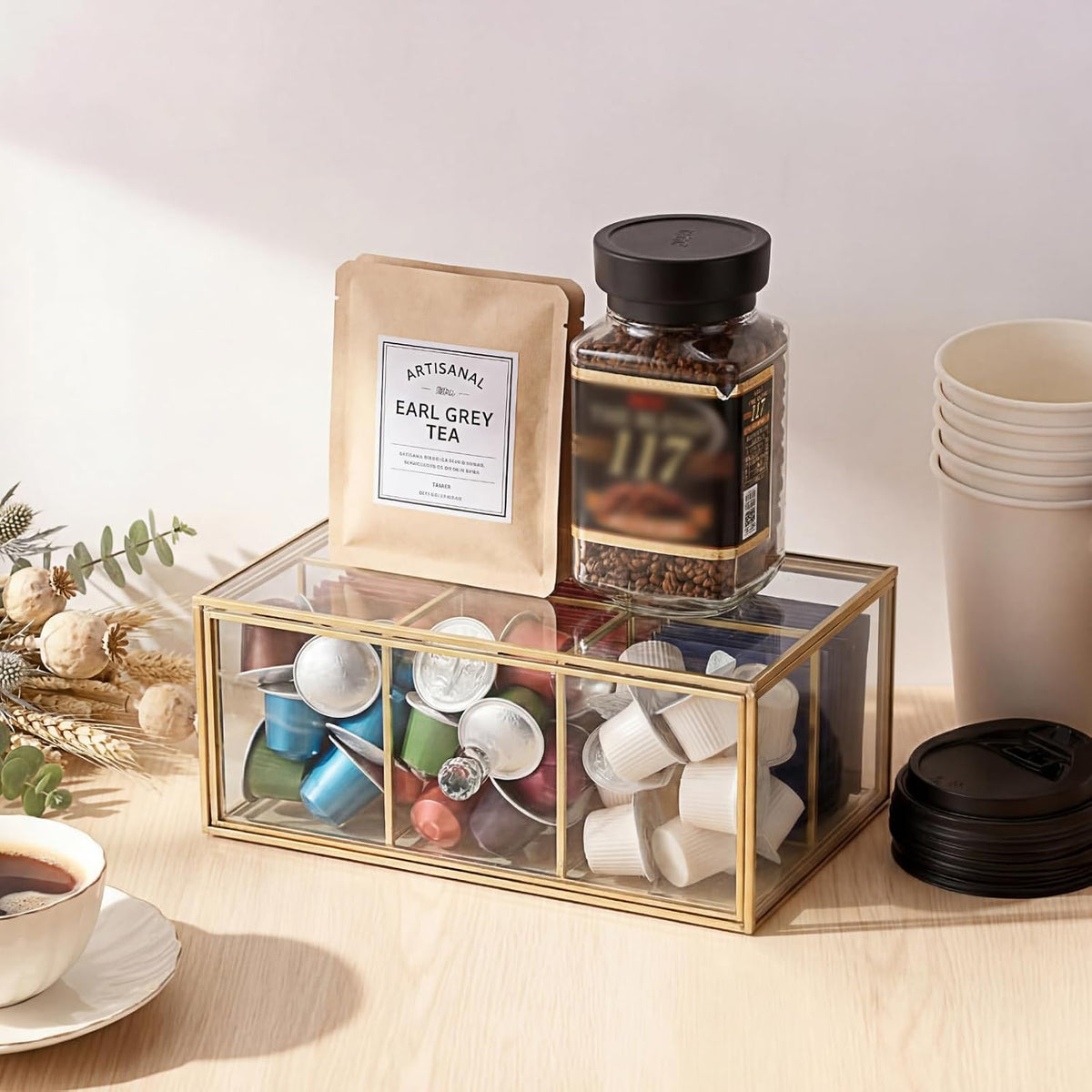 Glass Tea Bag Organizer with Drawer, Clear Teabag Holder Counter