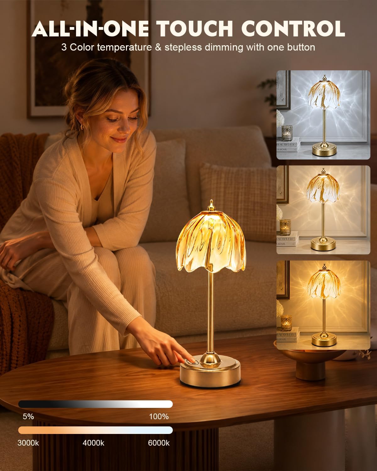 Nusogon Cordless Flower Table Lamp, 5200mAh Small Rechargeable Touch Lamp