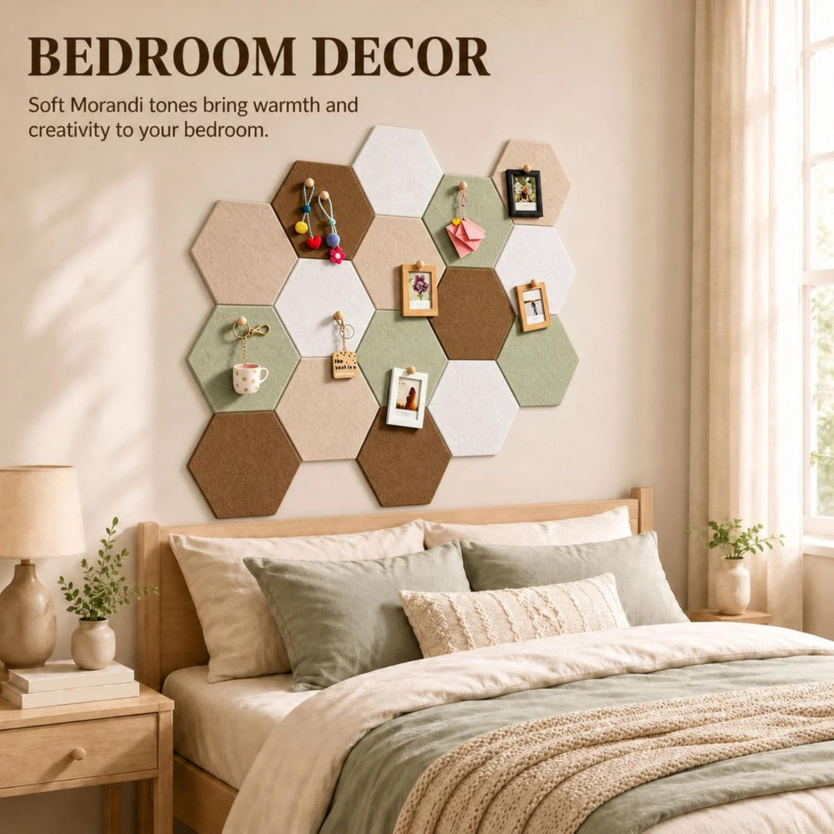 12x10 in 16 Pcs Hexagon Cork Board Tiles, Felt Pin Boards, Sage