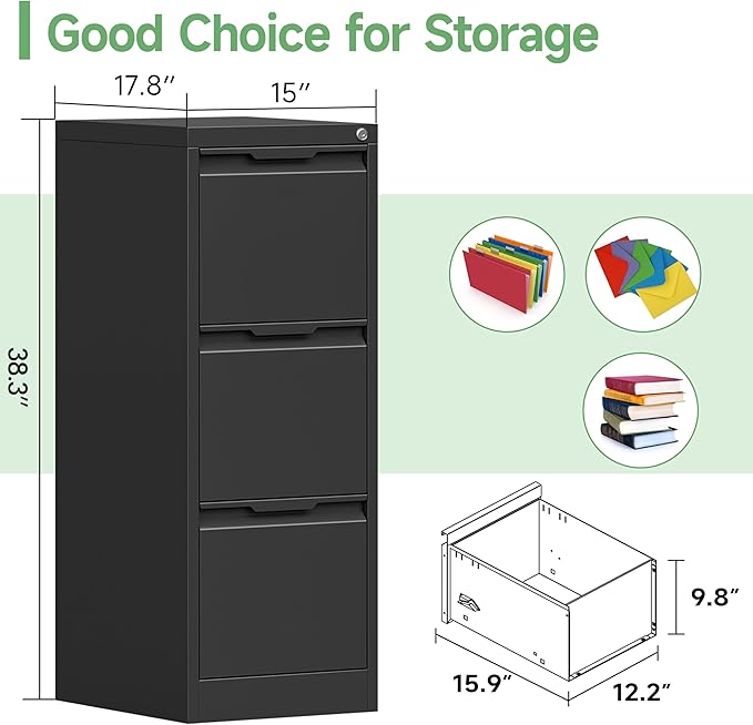 3-Drawer File Cabinet with Lock, Metal Vertical Filing Cabinets - Image 3