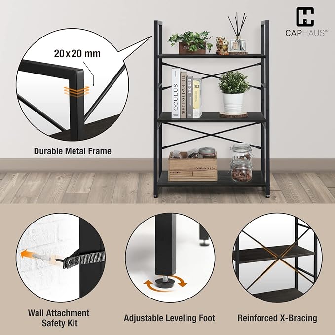 CAPHAUS 3 Tier Small Bookshelf, 24 Inch Width Free Standing Shelf, Bookcase - Image 5