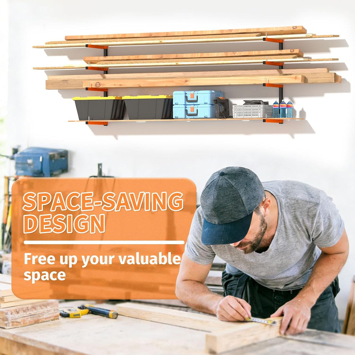 lumber storage rack, wall mount foldable & adjustable, close-up detail