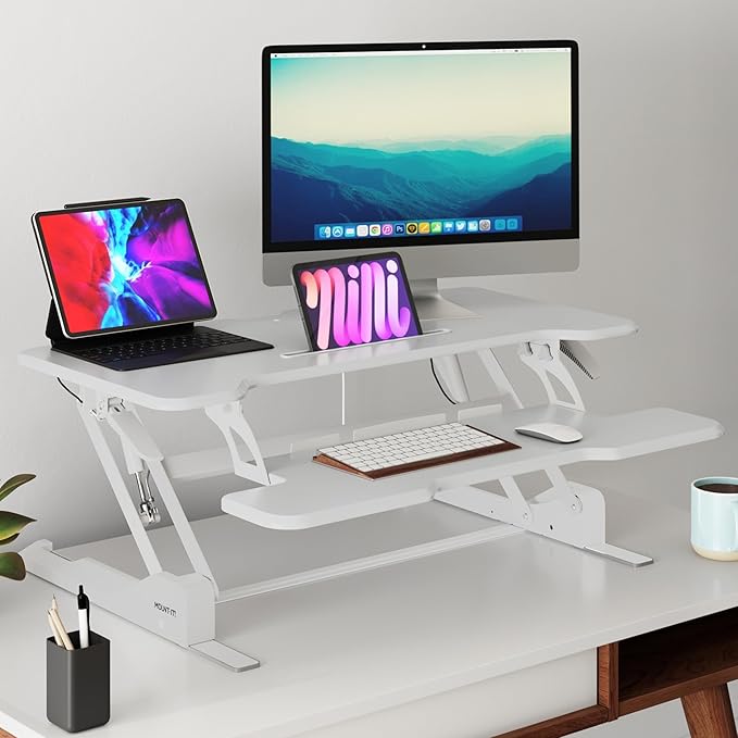 Mount-It! Standing Desk Converter White 38” Wide Height Adjustable Stand Up - Image 2