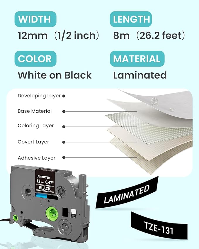 6-Pack Label Maker Tape 12mm 0.47" Black Tze-335 Replacement - Image 3