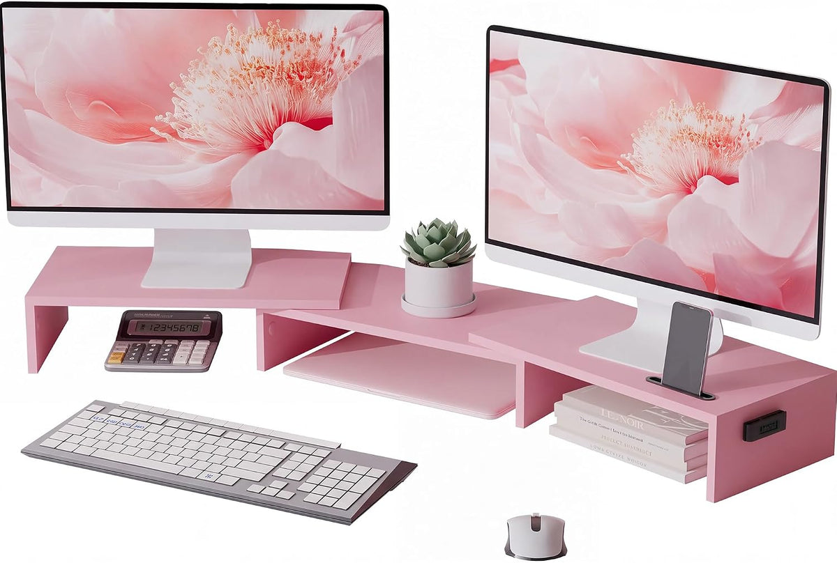BONTEC Dual Monitor Stand Riser, Adjustable Length & Swivel Angle, Pink