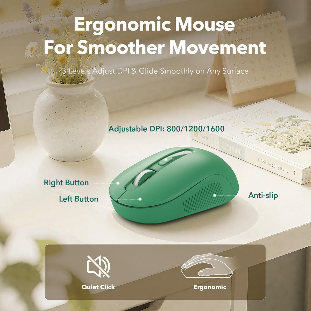 Wireless Keyboard and Mouse, Round Keycap, Magnetic Wrist Rest, Green Black