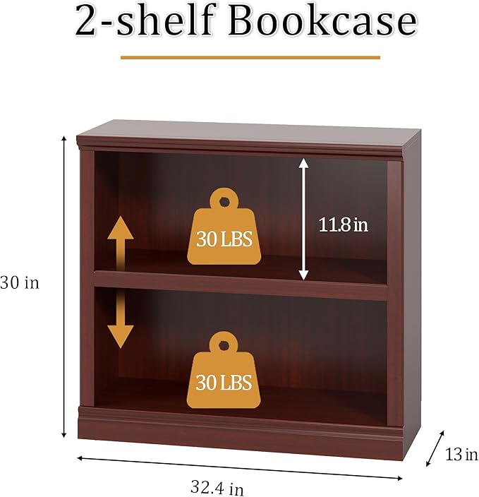 blini 2-Shelf Bookcase Wooden Bookshelves 33in Wide Floor Standing Display - Image 2
