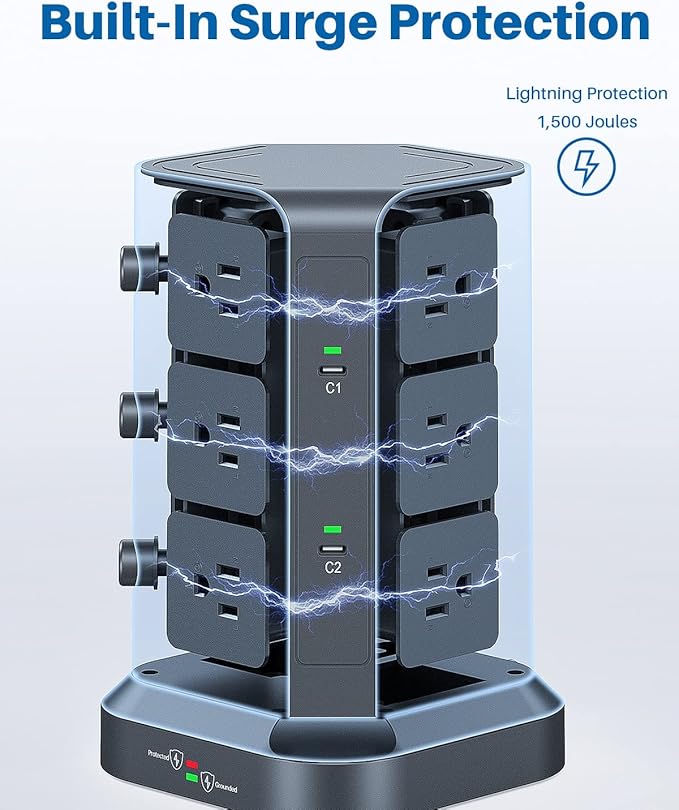 KOOSLA PD Power Strip Tower Surge Protector, USB C Desktop Charging Station - Image 6