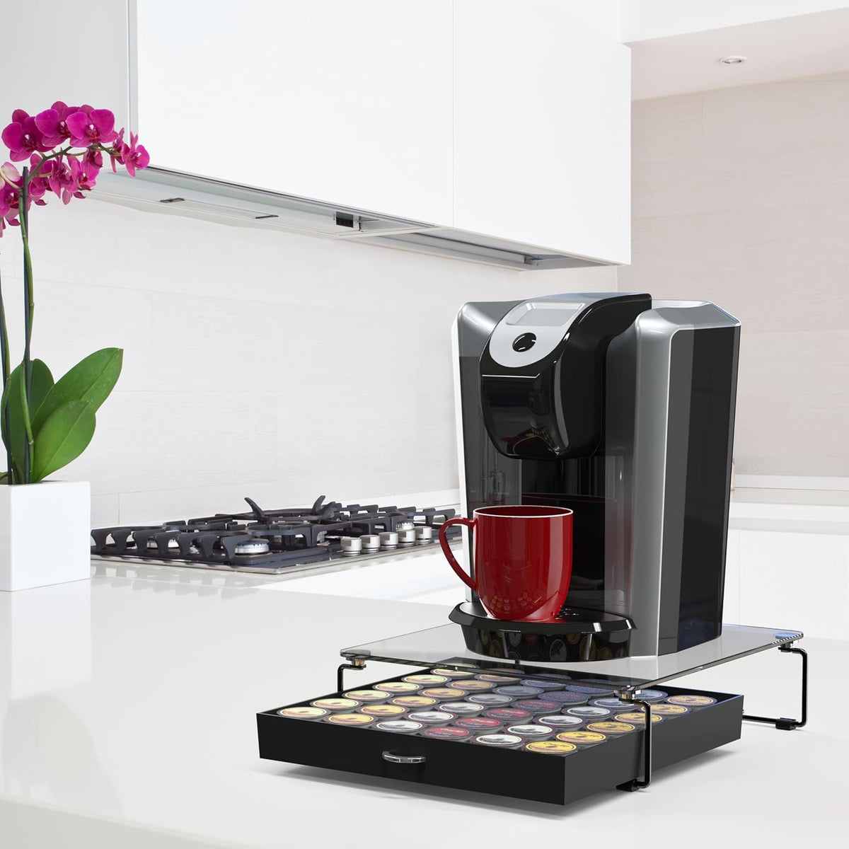 Deco Brothers Tempered Glass K-Cup Holder Drawer for 36 Coffee Pods, Black
