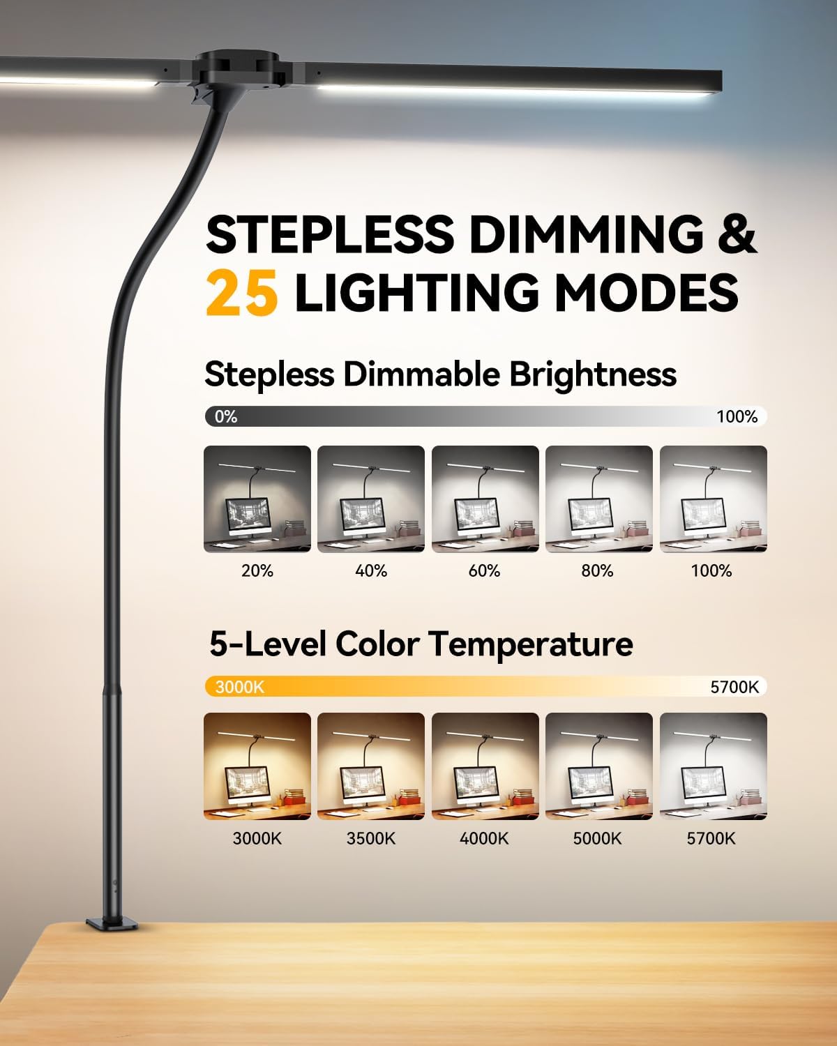 LED Desk Lamp for Home Office, Stepless Dimming Architect Lamp with Clamp