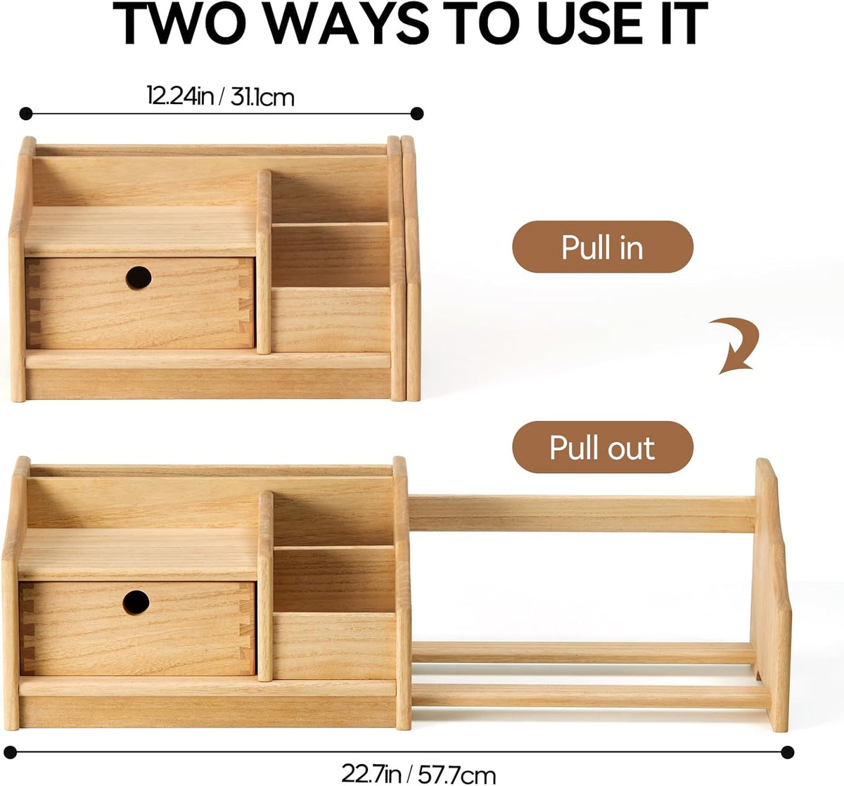 KIRIGEN Wood Desktop Bookshelf with Drawer, Expandable Desk Shelf, Natural
