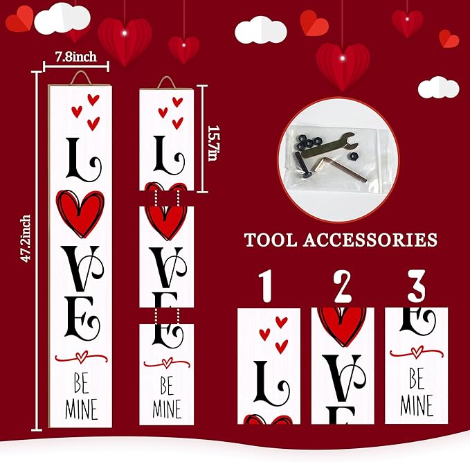 Valentine’s Day Porch Sign 47.2" Wooden “Love Be Mine” Hanging Signs, Romantic - Image 2