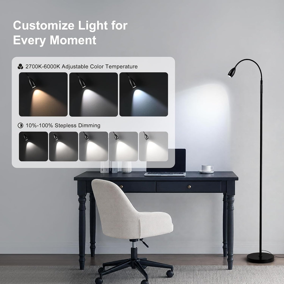72" Reading Floor Lamp,Gooseneck LED Lamp with Zoomable Spotlight,Black