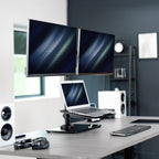 vivo freestanding dual computer monitor and laptop combo shown in use