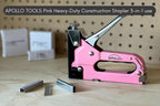 Apollo Tools All-Metal Heavy-Duty Stapler, Power Adjustment Knob, 3-in-1 for Staples, U-Staples, Brad Nails, Includes 3000 Fasteners, Pink Ribbon - Pink, DT5020P