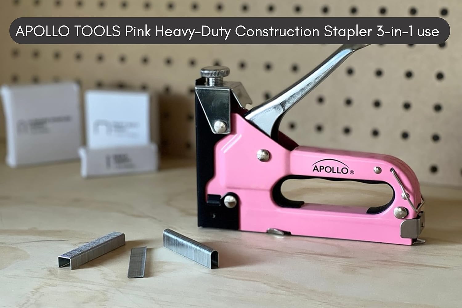 Apollo Tools All-Metal Heavy-Duty Stapler, Power Adjustment Knob, 3-in-1 for Staples, U-Staples, Brad Nails, Includes 3000 Fasteners, Pink Ribbon - Pink, DT5020P
