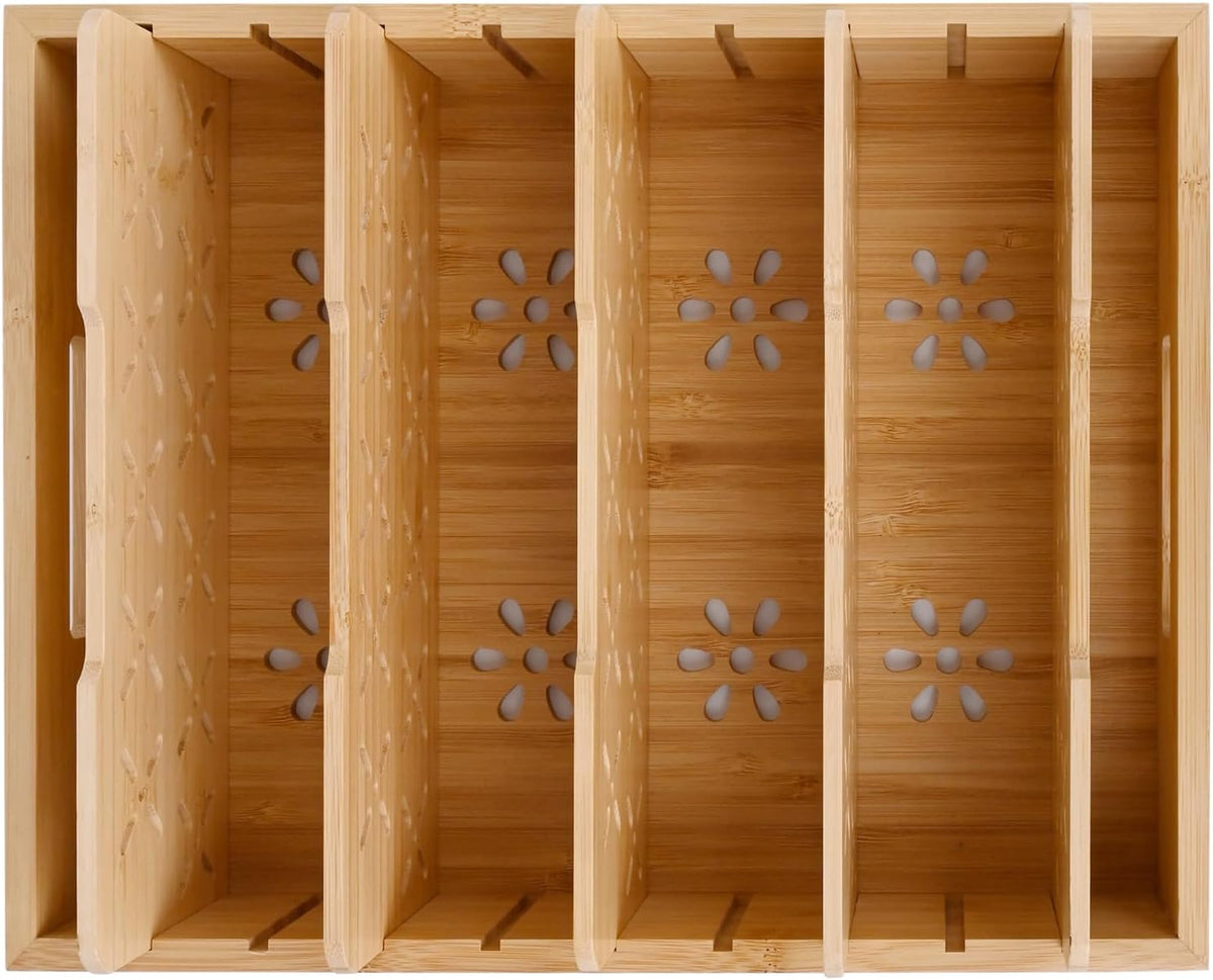 Natural Bamboo Storage Tray with 5 Custom Dividers, Deep Drawer Organizer for...