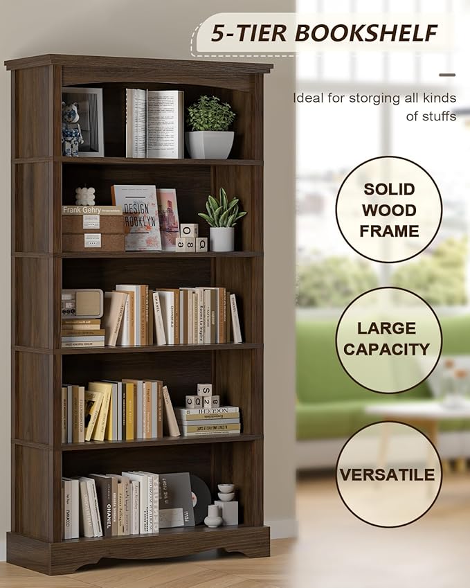 TVU 5-Tier Wooden Bookshelf, 65 Inch Tall Bookshelf - Image 4