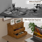 oak desk organizer with drawers, durable wooden desktop showing dimensions