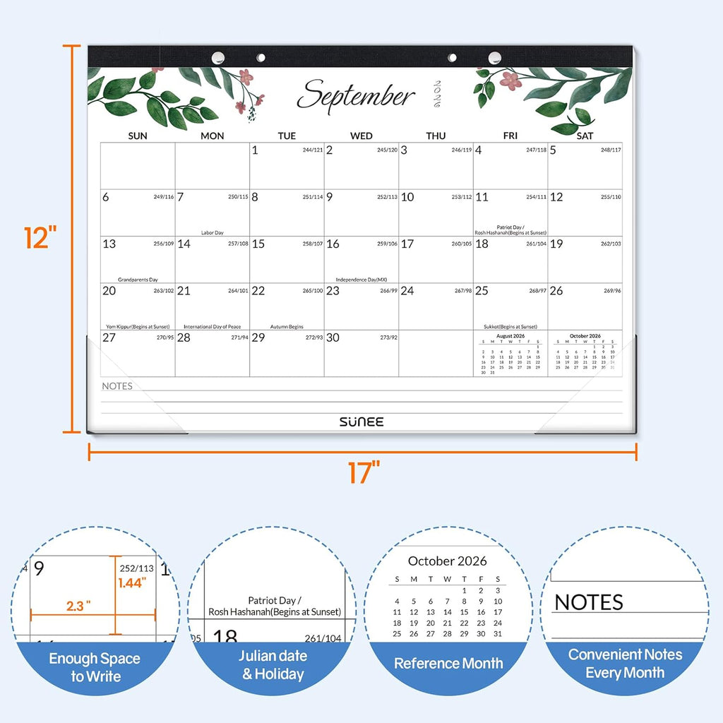 SUNEE Desk Calendar 2026-2027 17" x 12", 18 Month Calendar Jul. 2026 - Dec. 2027, Calendar 2026-2027 With Notes, for Planning, Organizing in Family, School or Office - Greenery