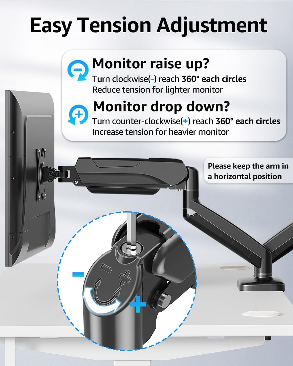 mountup dual monitor stand for desk, monitor arms, close-up detail