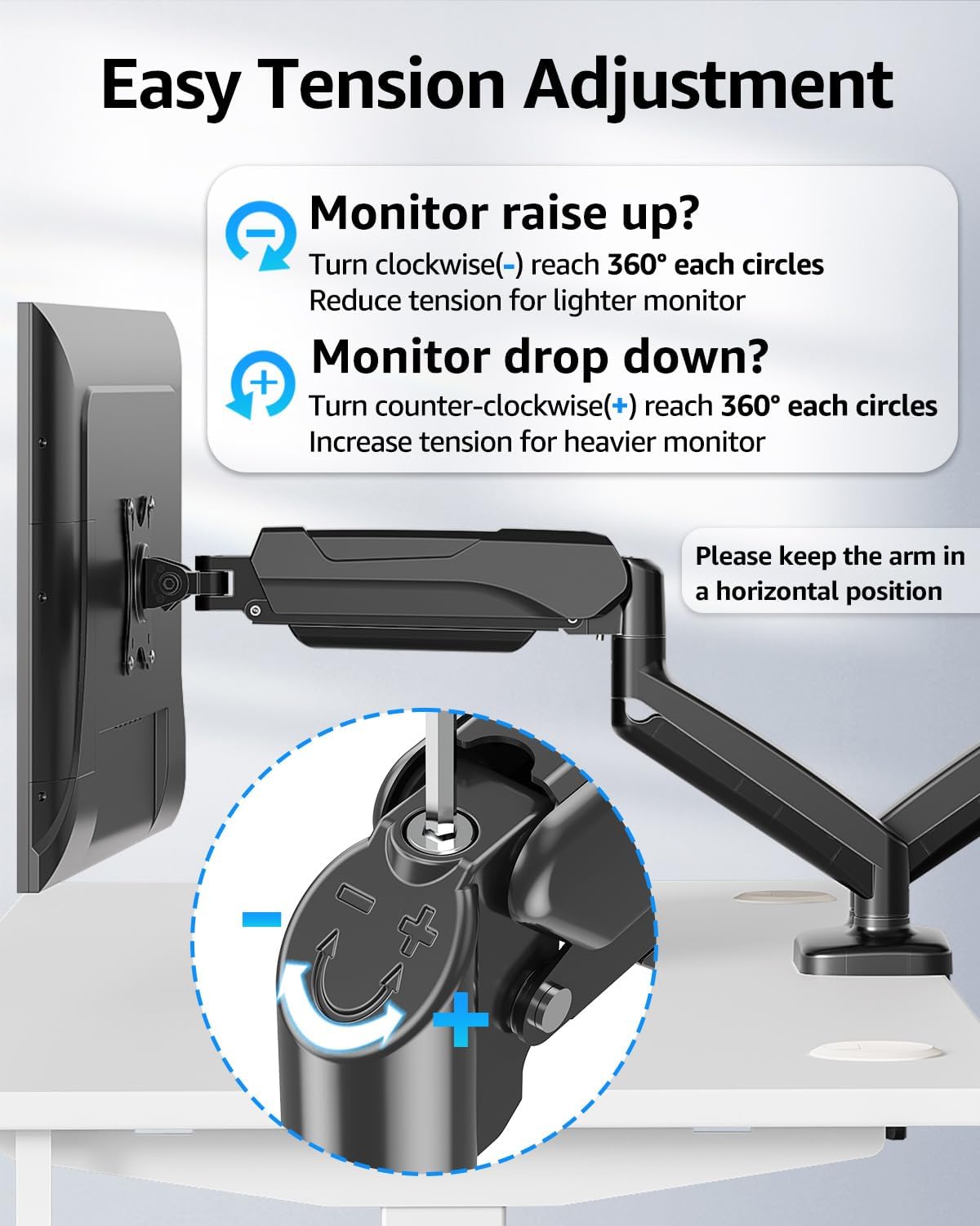 mountup dual monitor stand for desk, monitor arms, close-up detail