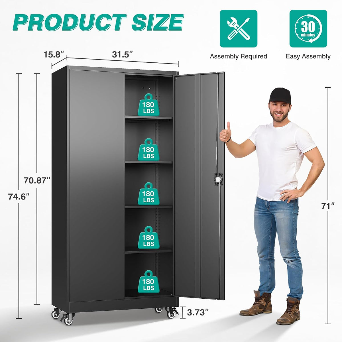 sisesol 75" tall metal storage cabinet with wheels,rolling shown in use