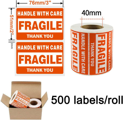 1000 Fragile Stickers 2 Rolls 2'' x 3'' Fragile - Handle with Care - Thank You Shipping Labels Stickers (500 Labels/Roll) (Pack of 2)