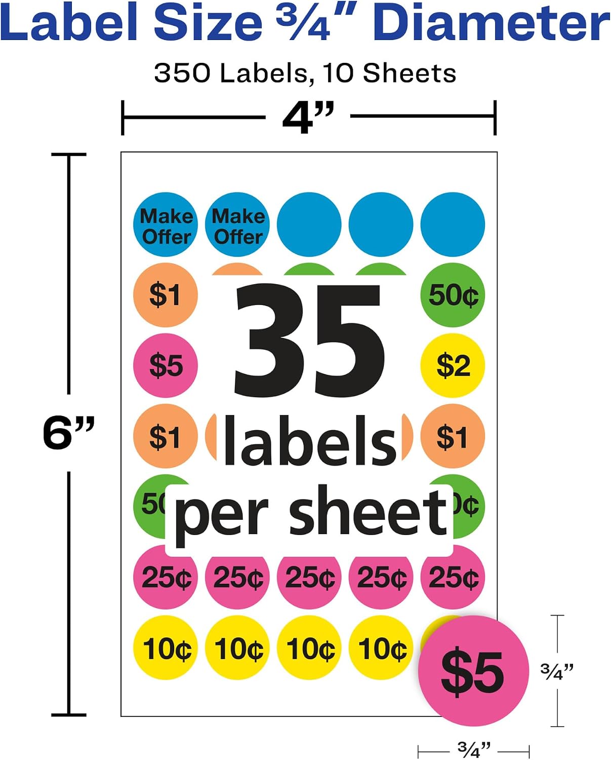Avery Preprinted Removable Pricing Labels, 3/4 Inch Round Labels, Assorted Neon Colors, Non-Printable, 350 Pricing Stickers Total (5480)