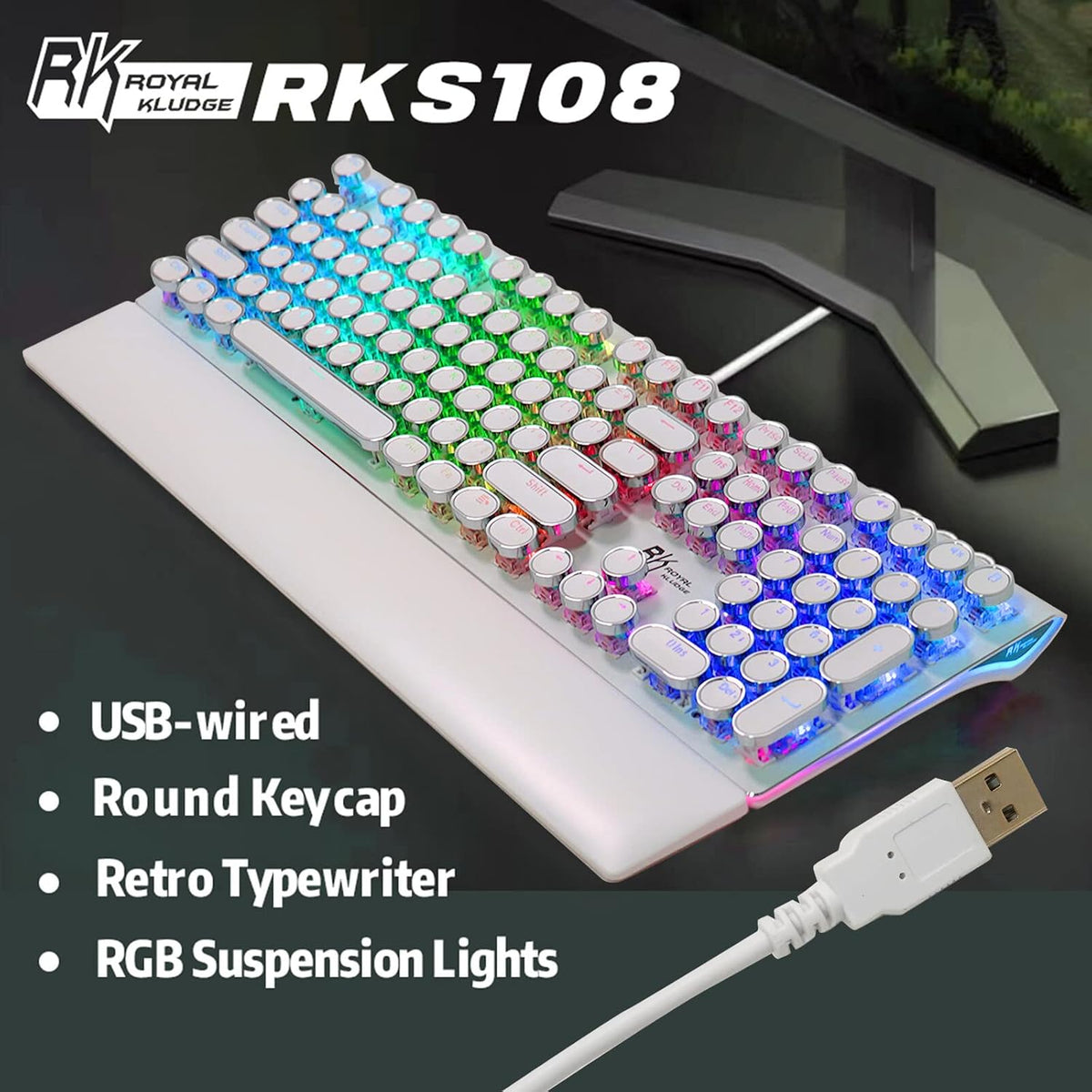 RK ROYAL KLUDGE S108 Typewriter Style Mechanical Gaming Keyboard with RGB Bac...