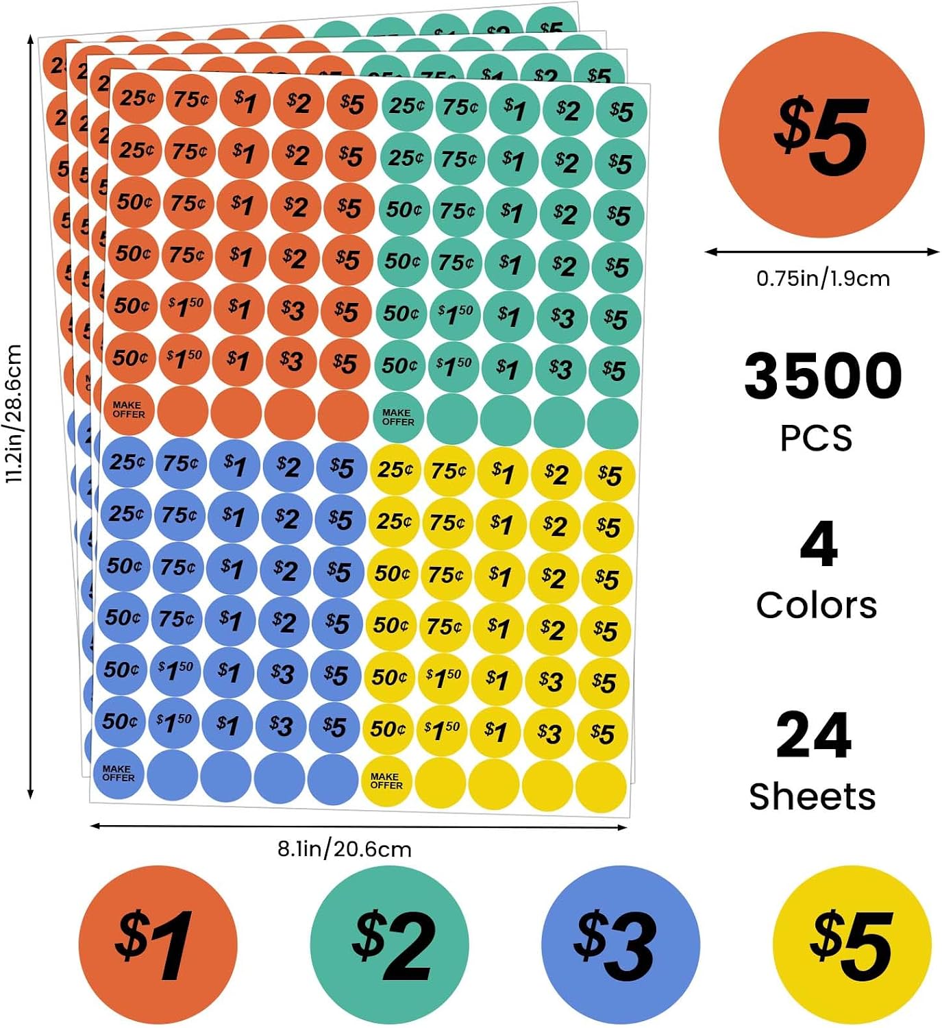 3500 Pcs Price Stickers for Garage Sales, Pre-Printed 25¢ to $20 & Blank Yard Sale Price Tags, Pricing Labels Removable Adhesive No-Residue for Yard Sale Sign Supplies, Rummage Sale & Small Business