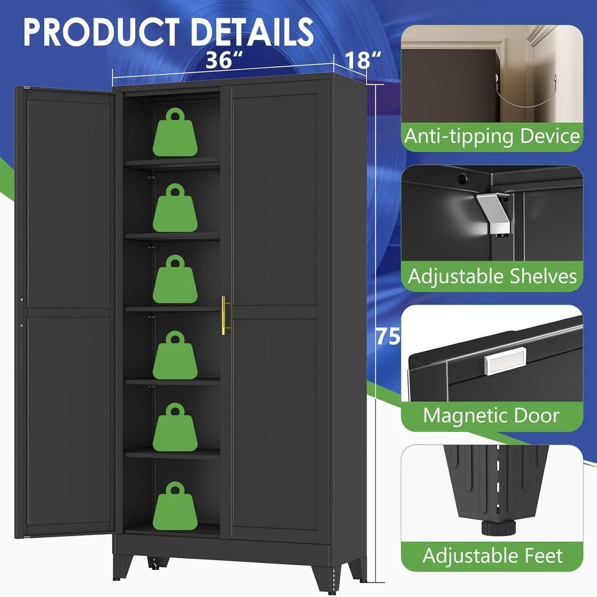 75" metal garage storage cabinet with 2 doors, close-up detail