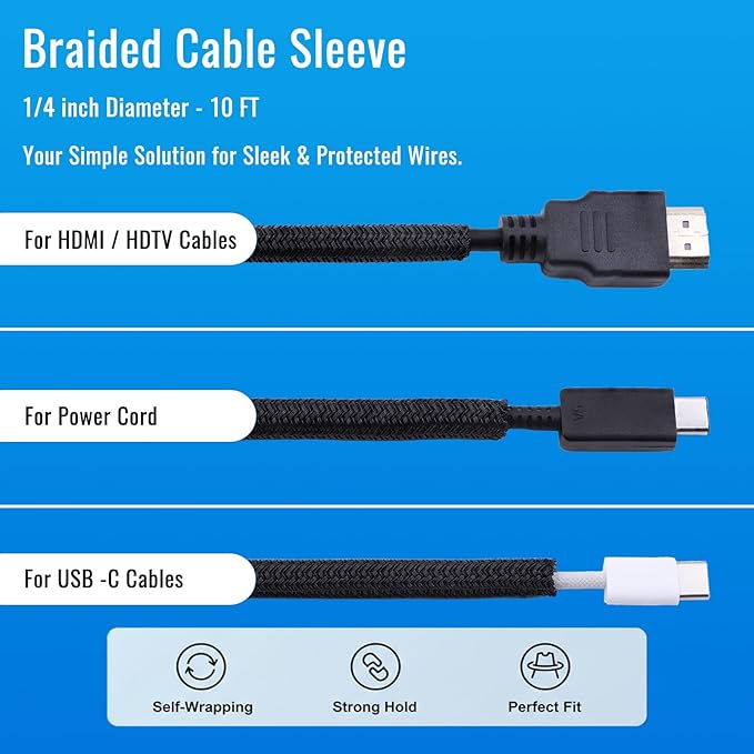 Flauzmann 1/4" Braided Cable Sleeve - 10Ft Cat Cord Protector Split Wire Loom - Image 3