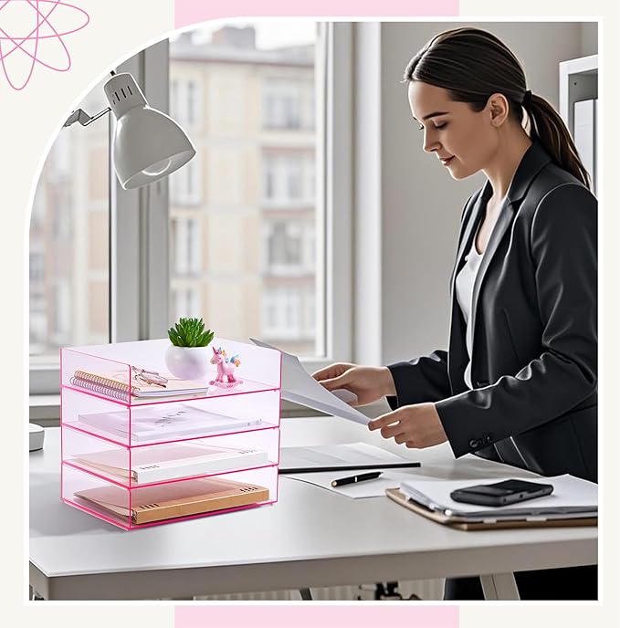Harloon 4 Tier Acrylic Paper Tray 12.4 x 8.7 x 2.7 Inches Stackable Letter