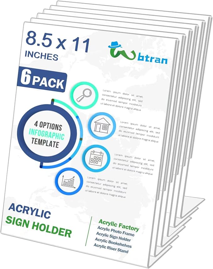 Wbtran Acrylic Sign Holder 8.5 x 11, 6 Pack Slanted Back Sign Holders by Wbtran