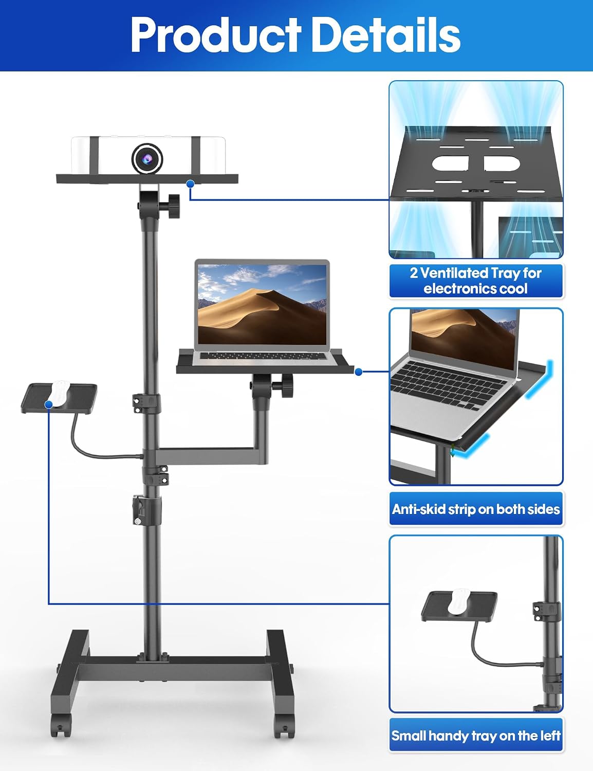 Projector Stand, 2-Shelf Laptop Tripod Stand with Adjustable Height