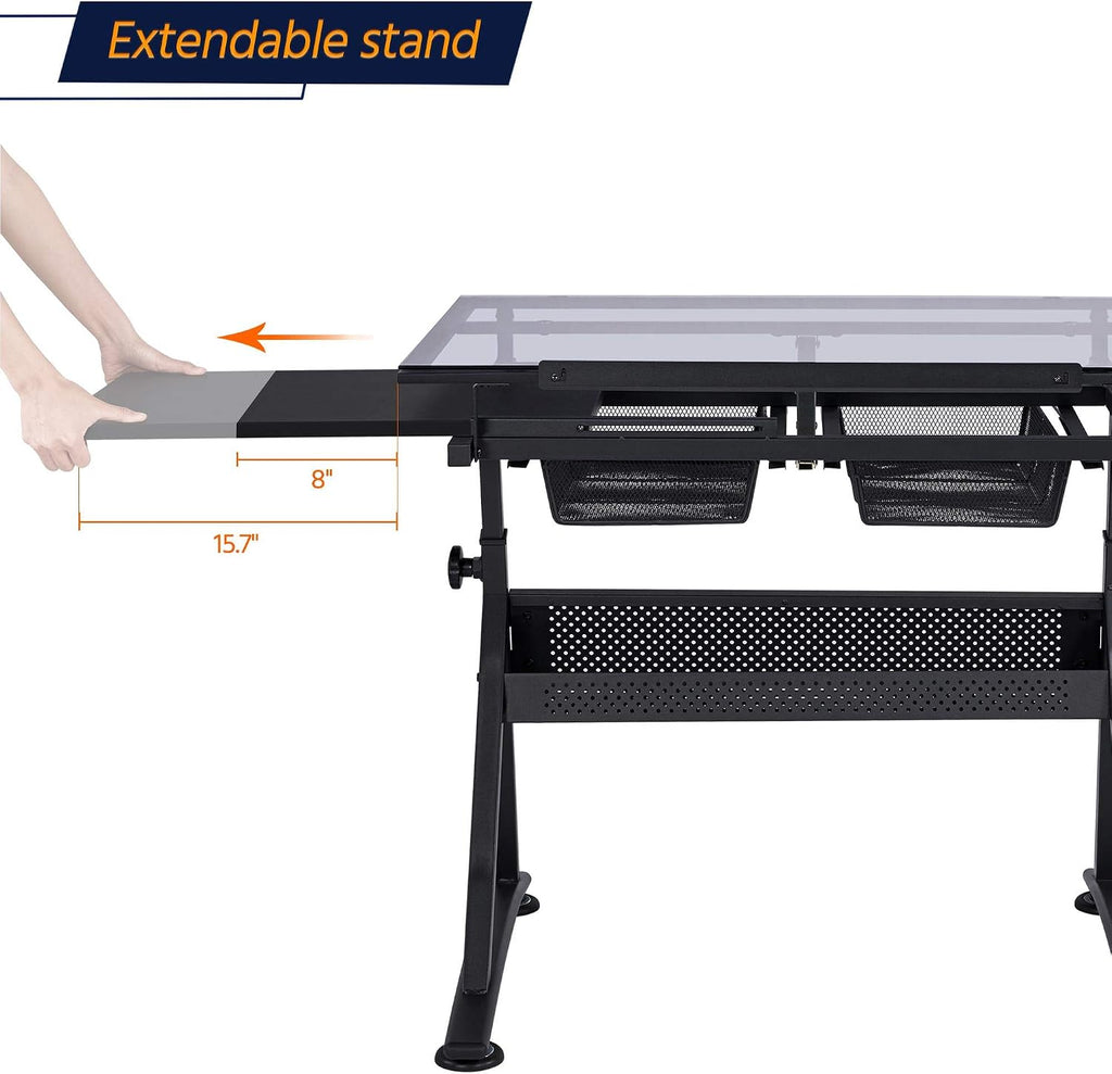 Yaheetech Drawing Table, Art Craft Desk with Adjustable Tabletop, Painters/Artist Work Station, Study Table with Stool, Tempered Glass Top