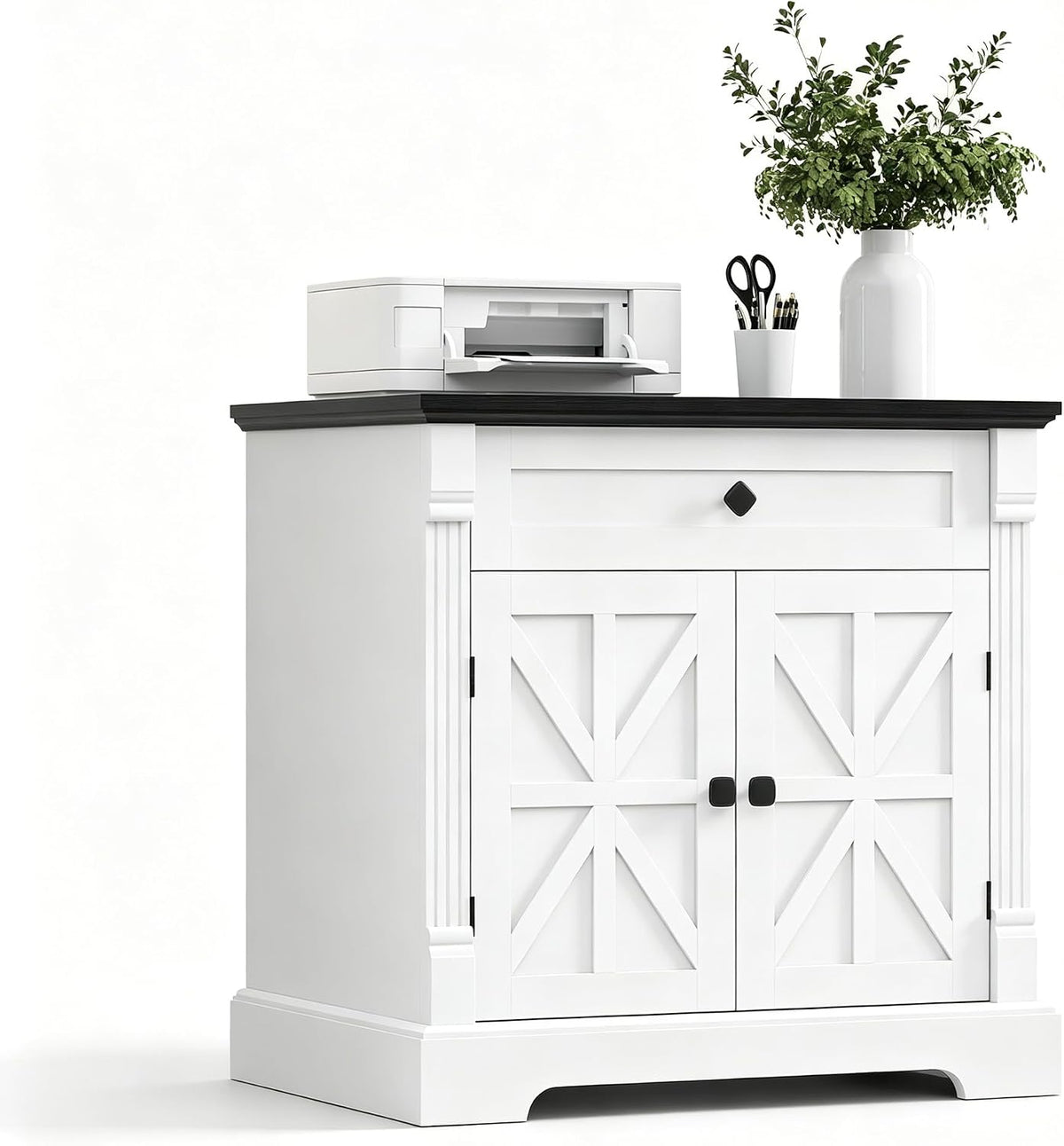 Bigbiglife Farmhouse Printer Stand, 29.9" Wide, Black Top & White Fi...